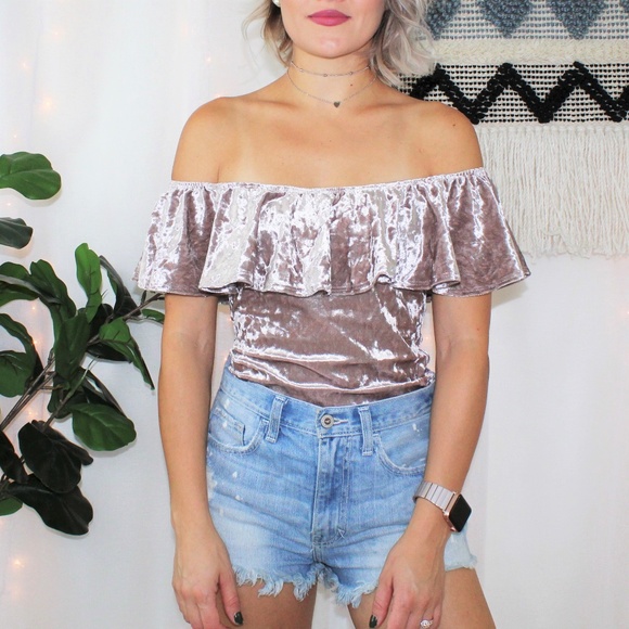 Pen & Paper Tops - Pen & Paper Silver Velvet Off The Shoulder Top